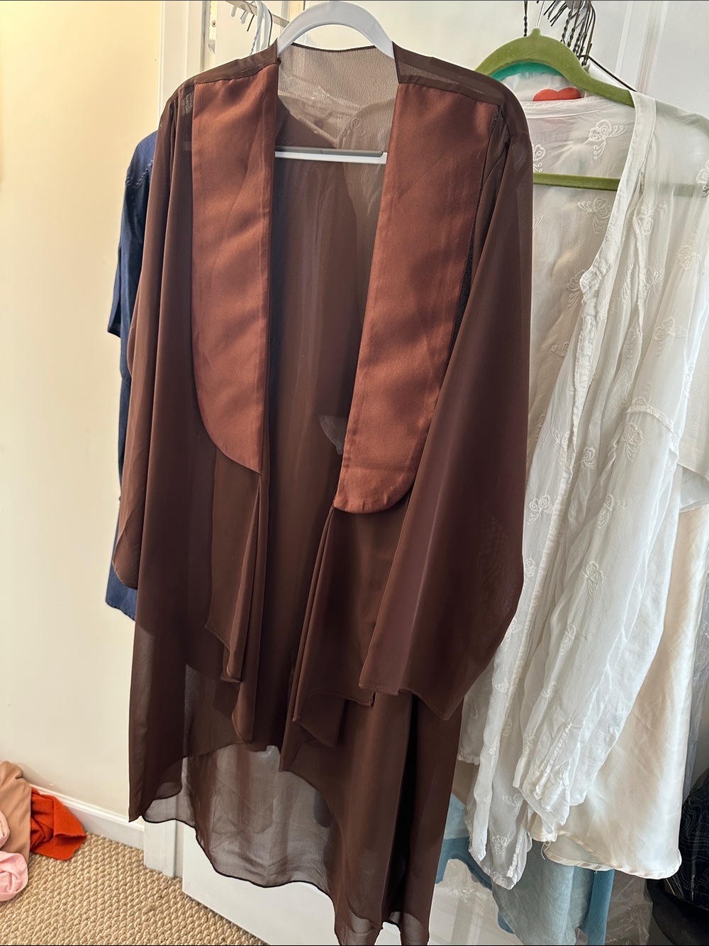 Brown Women's Sheer Trench Coat with Satin Lapel